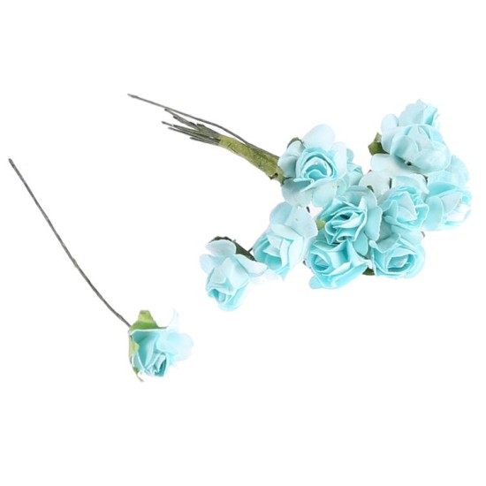 Türkis Renkte Dekoratif Amaçlı Kağıttan Küçük Güller 12 Adet - Y058 - Mytortenland