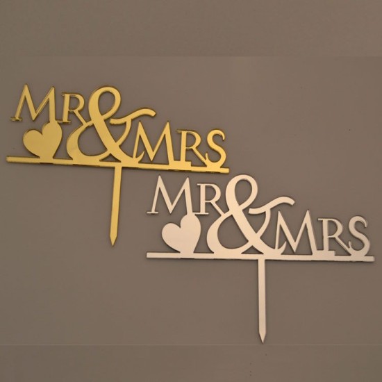 Cake Topper Mr & Mrs mit Herz Gold / Silber - 14024 - Mytortenland