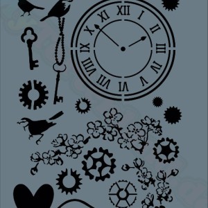 Saat & Kuş Temalı Dekor / Transfer Stencil