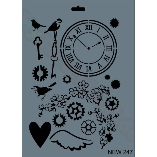 Saat & Kuş Temalı Dekor / Transfer Stencil - NEW247 - Rich Hobby